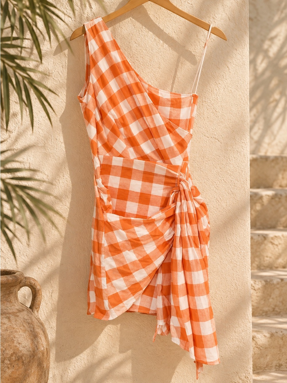 Reverse Orange and White One-Shoulder Gingham Dress